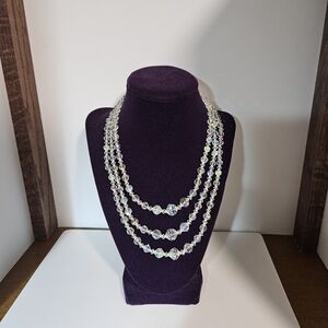 Vintage Triple Strand   Beaded Necklace, Round Crystal